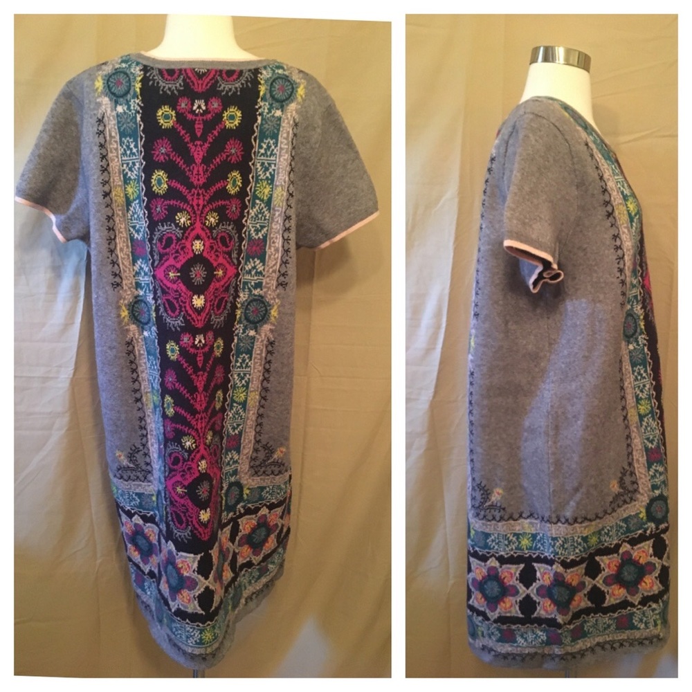 Anthropologie Grey Shift Dress with Navy and Fuchsia Embroidered Panel - Picture 4 of 6